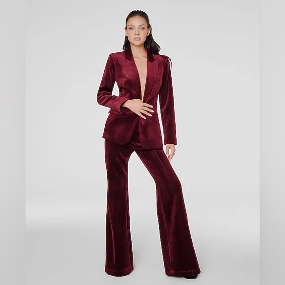 Express Size 2 Burgundy Editor High Waist Velvet Corduroy Flare Trouser